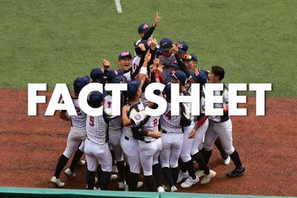 Baseball team celebrating in a huddle with “QUALIFYING TEAMS” text overlay