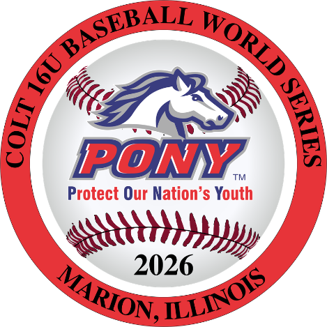Colt League Baseball World Series logo with pony, bats, and text for Marion, Illinois 2026