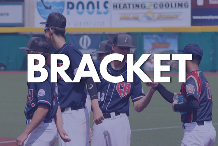 Baseball players in navy uniforms celebrate on the field with “BRACKET” overlaid.