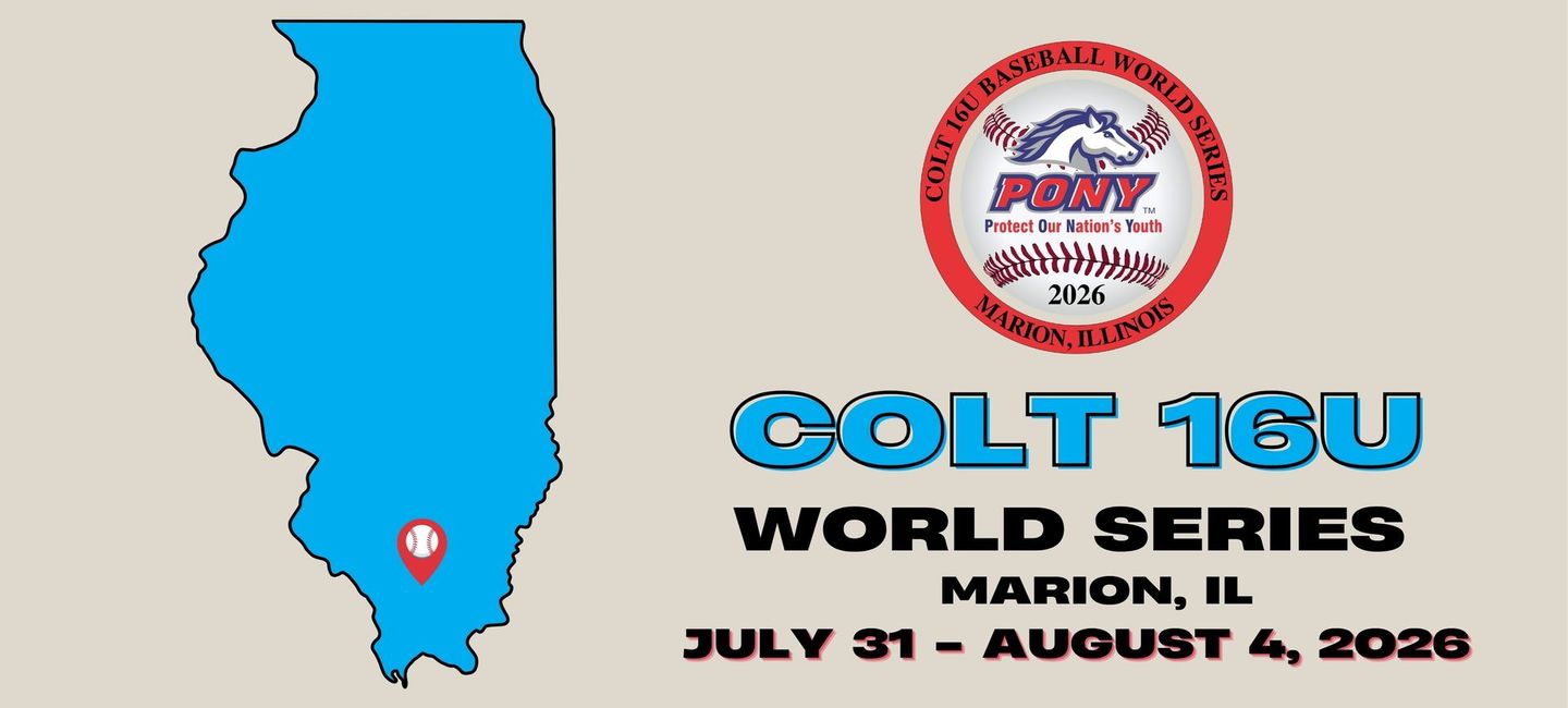 Blue Illinois map with a pin and event logo reading "Colt 16U World Series," July 31–August 4, 2026