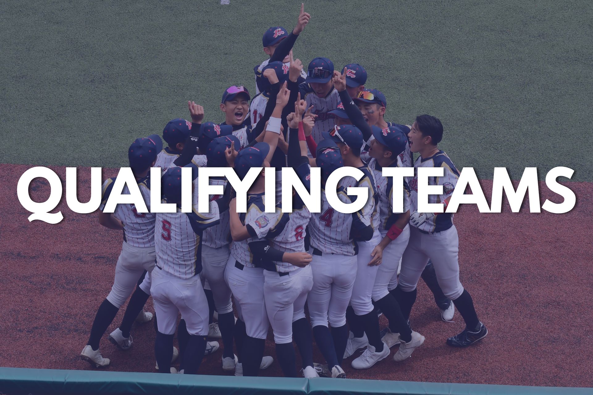 Baseball team celebrating in a huddle with “QUALIFYING TEAMS” text overlay