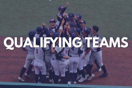 Baseball team celebrating in a huddle with “QUALIFYING TEAMS” text overlay