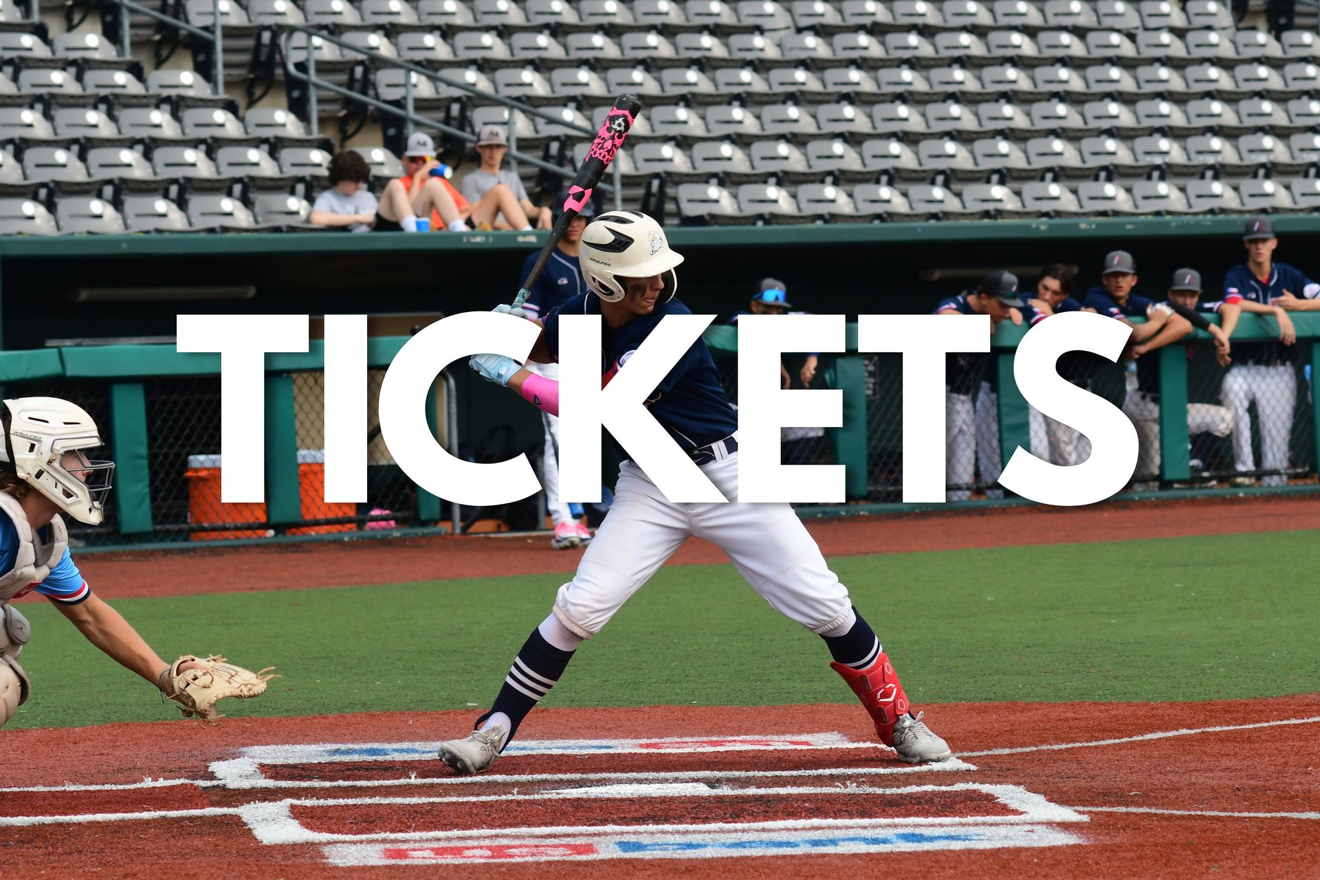Baseball player at home plate with large “TICKETS” text overlaid on the field