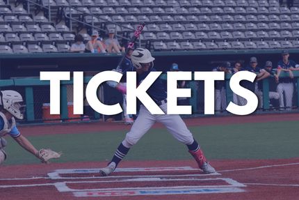 Baseball player at bat in a stadium with the word “TICKETS” overlaid in large white text