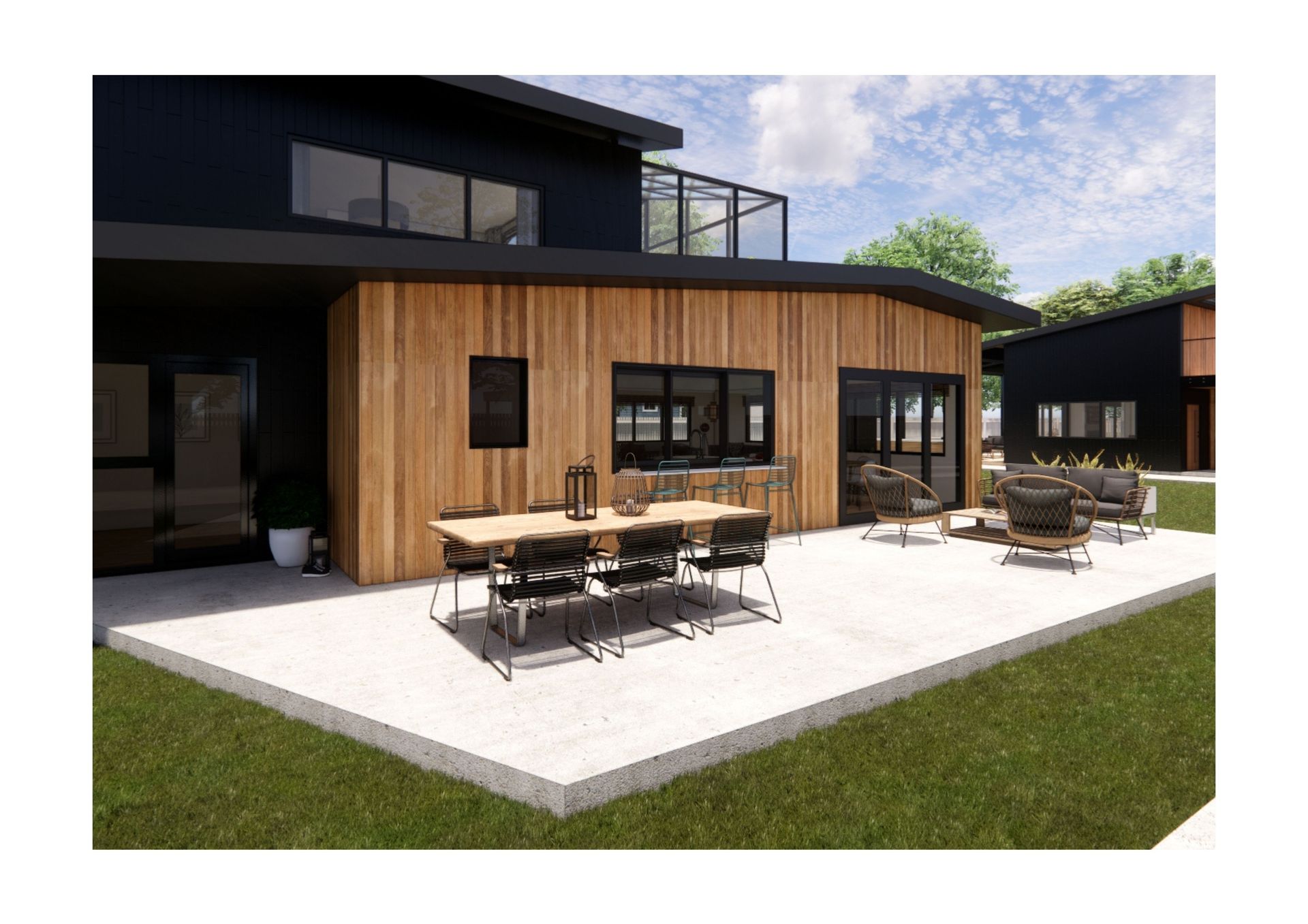 An artist 's impression of a house with a patio and a table and chairs.