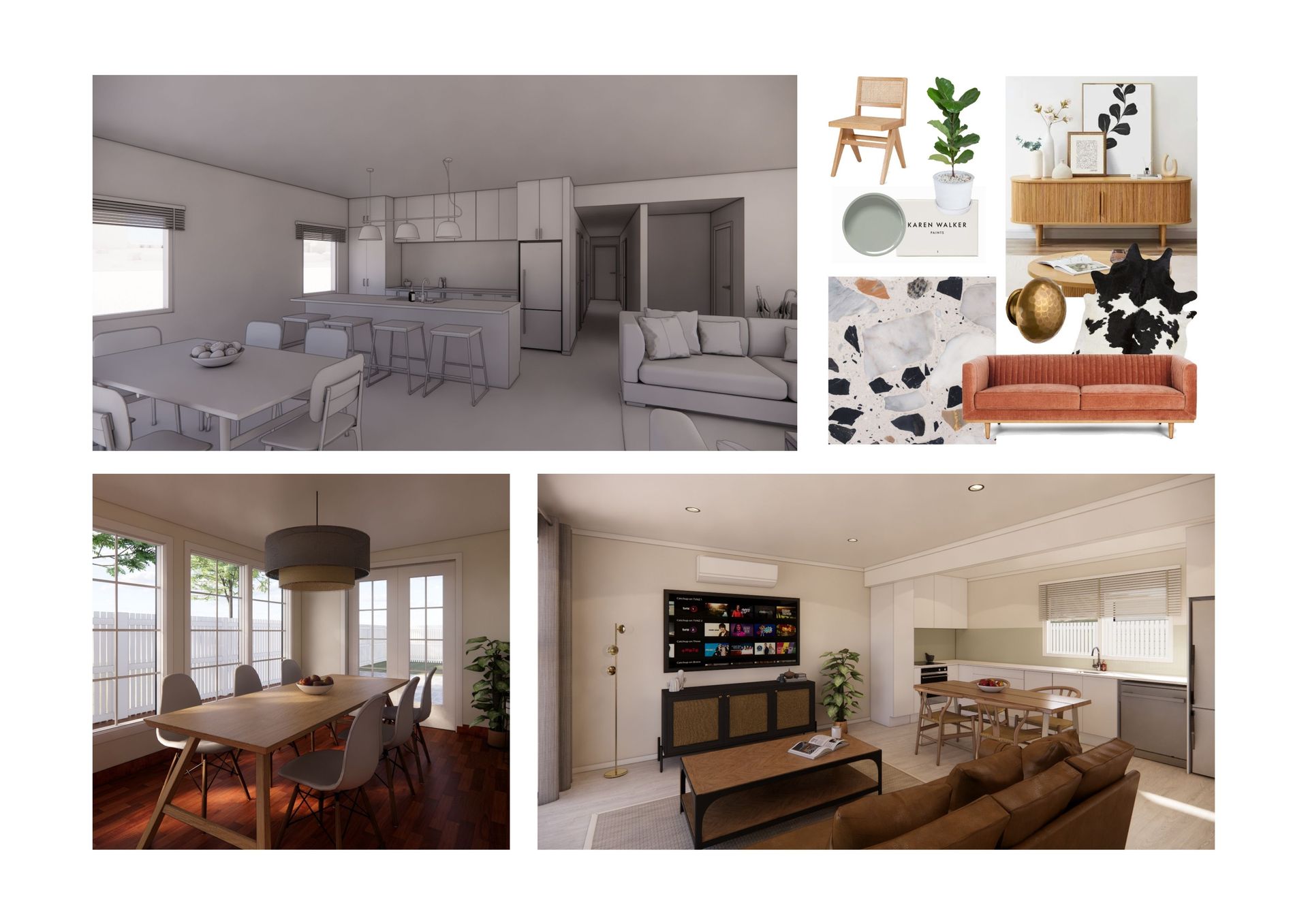 A collage of images of a living room , dining room , and kitchen.