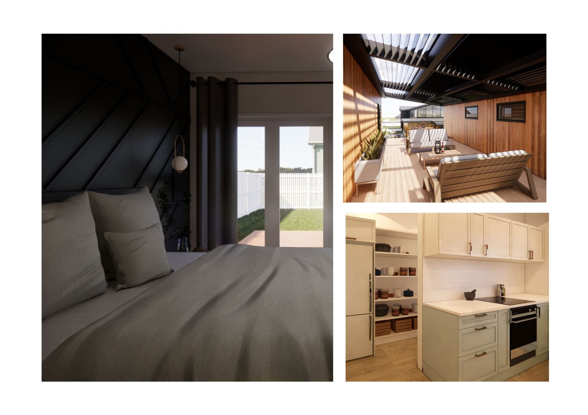 A collage of three pictures of a bedroom , kitchen , and patio.