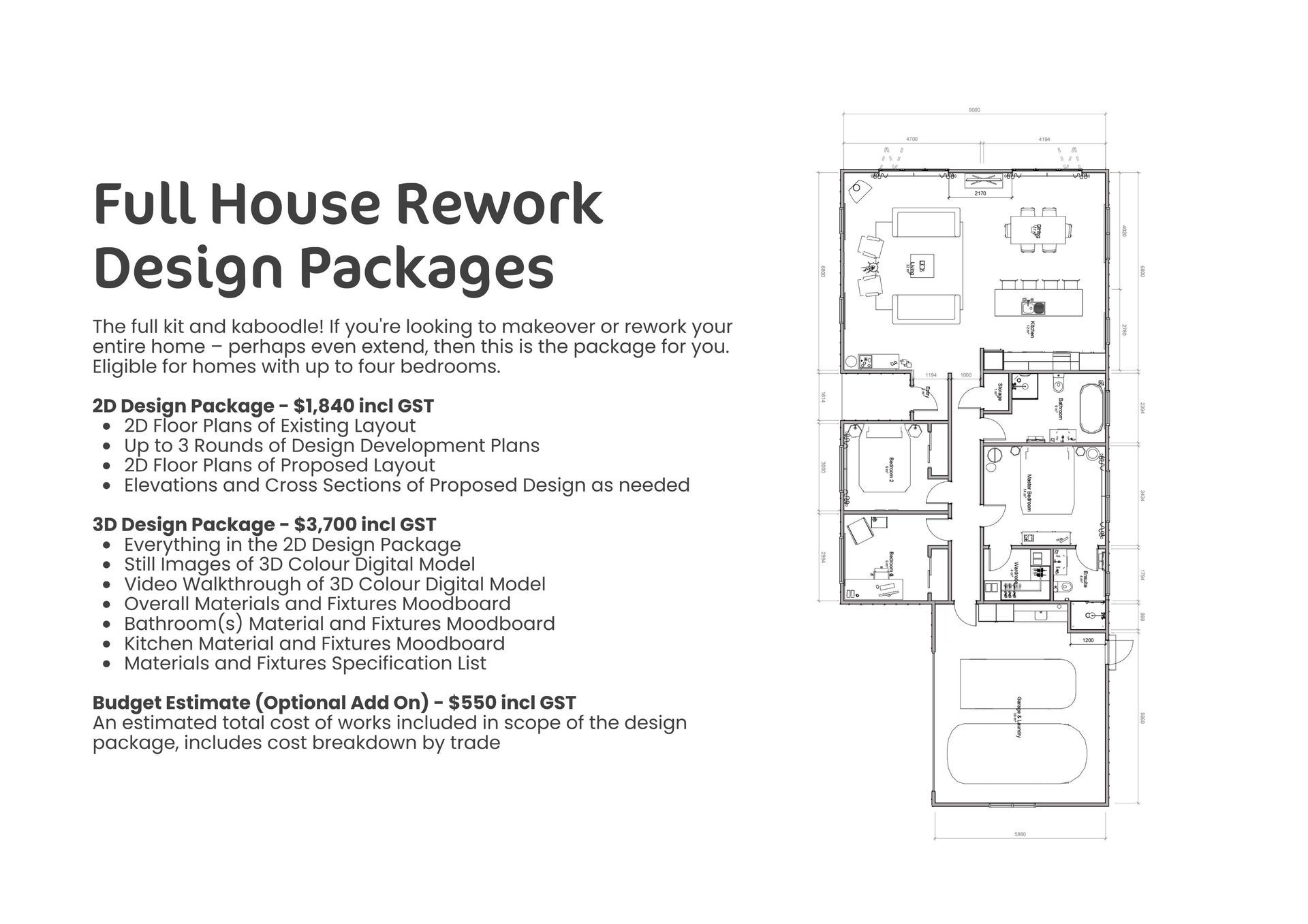 A black and white floor plan of a house with the words `` full house rework design packages '' written on it.