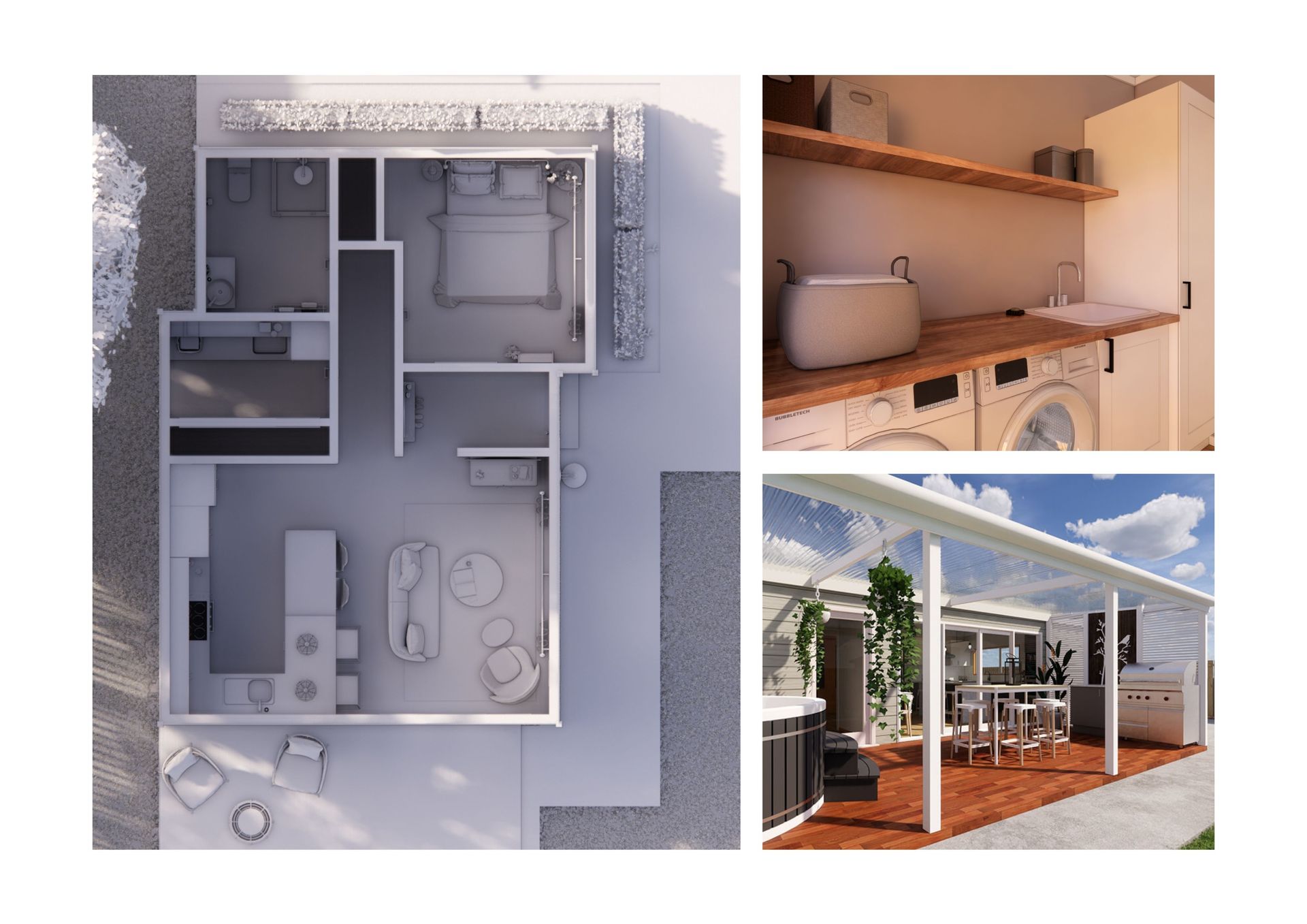 A collage of three pictures of a house , including a floor plan and a laundry room.