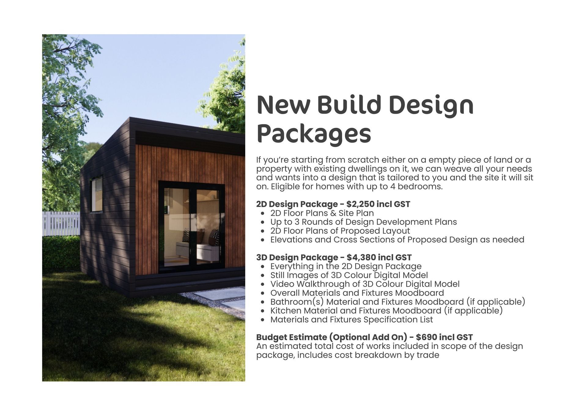 A brochure for new build design packages with a picture of a small house.