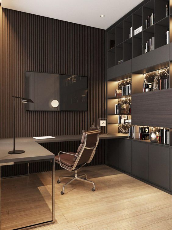 dark home office with integrated lighting