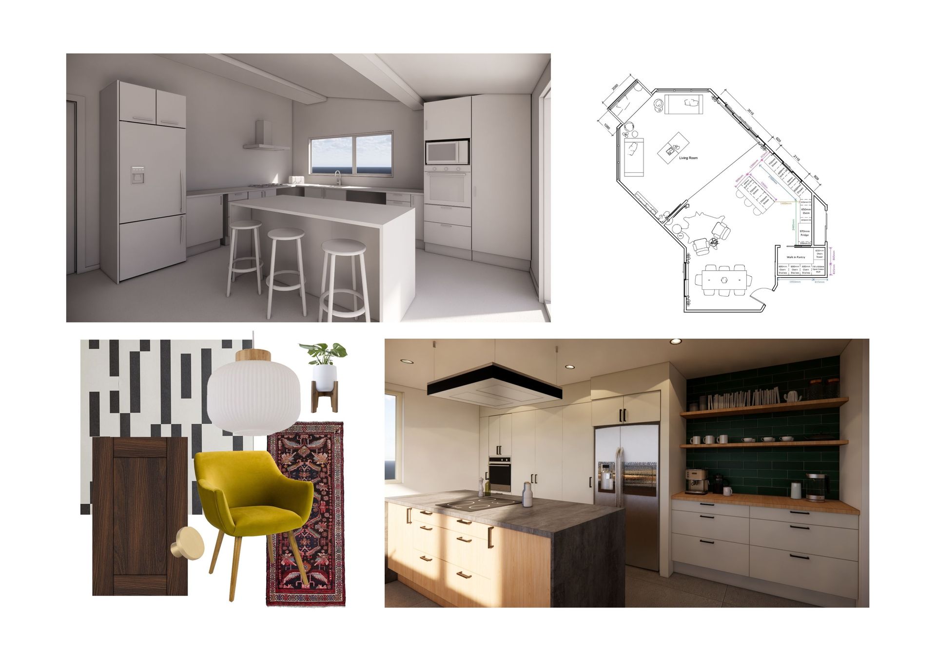 A collage of three pictures of a kitchen and a floor plan.