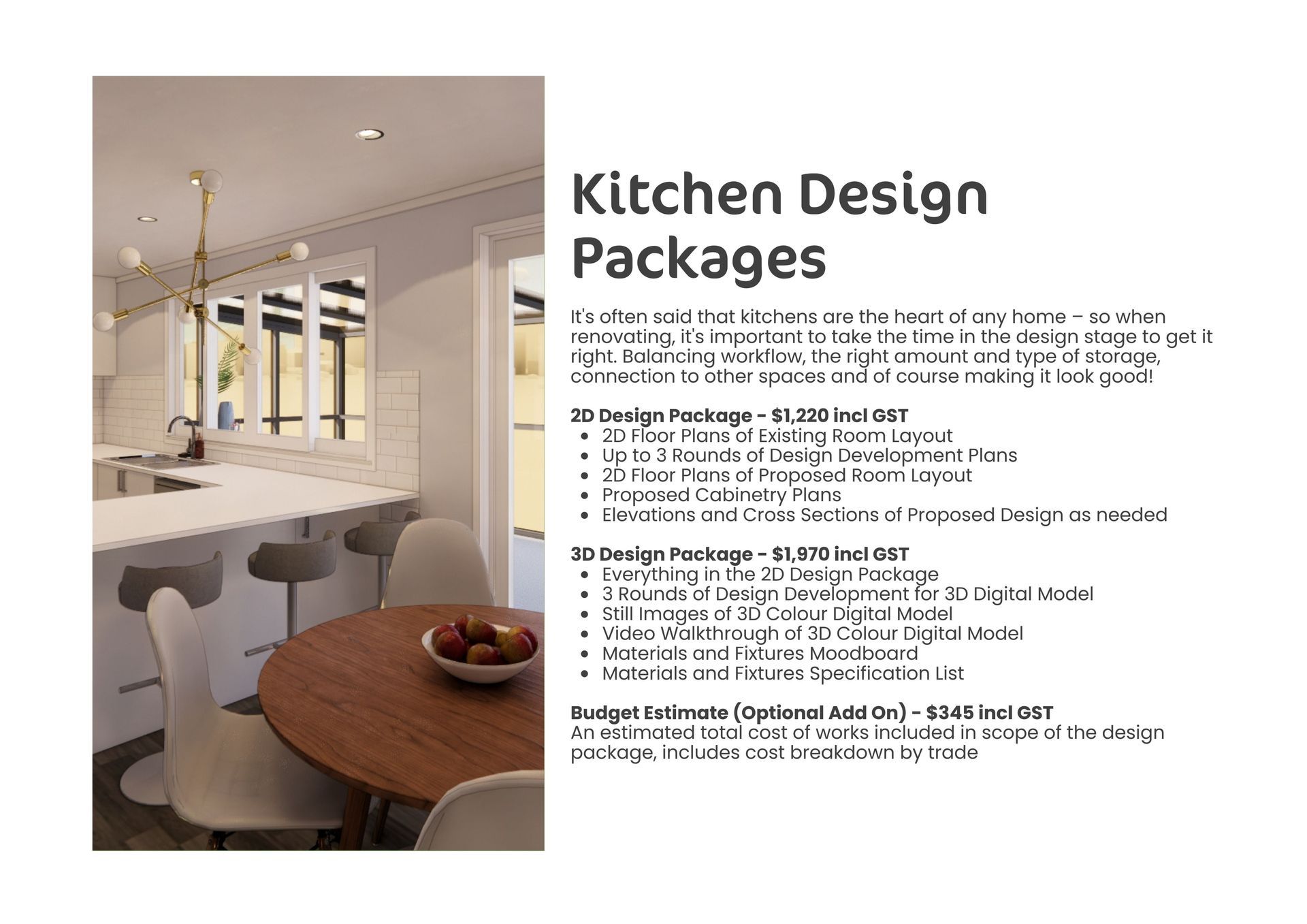 A picture of a kitchen design package with a table and chairs.