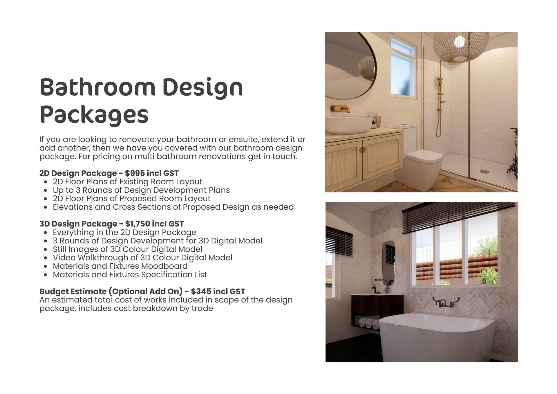 A bathroom design package includes a bathtub , sink , toilet and mirror.