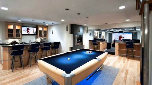 Bar and games room in basement