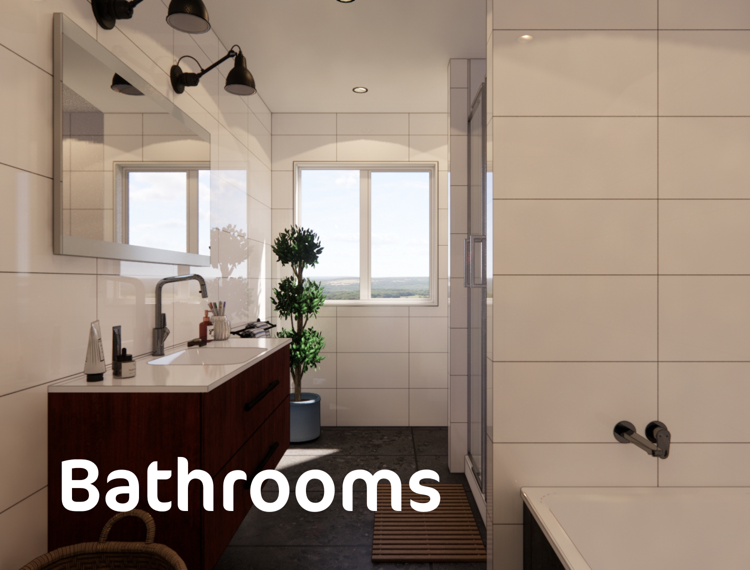 A bathroom with a sink and a bathtub and the words bathrooms on the bottom