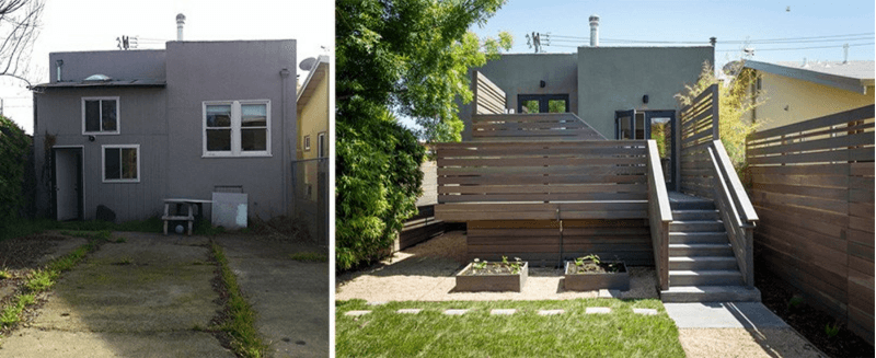 A before and after picture of a house with stairs