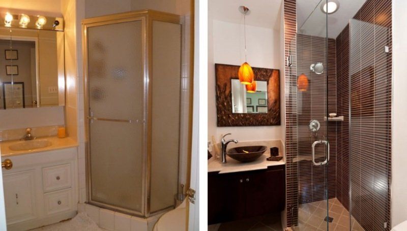 A before and after photo of a bathroom with a shower and a sink.