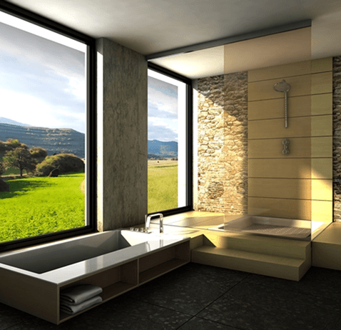 A bathroom with a large tub and a large window