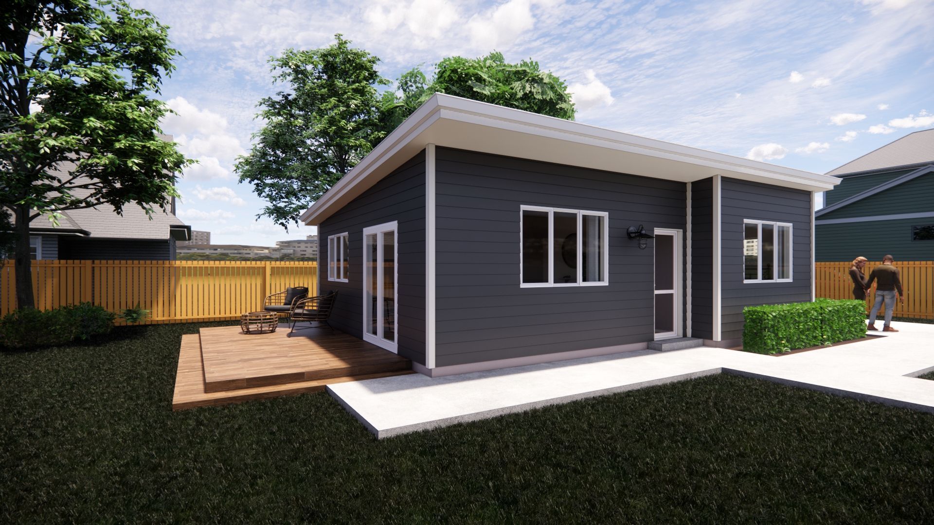 An artist 's impression of a small house with a patio in the backyard.