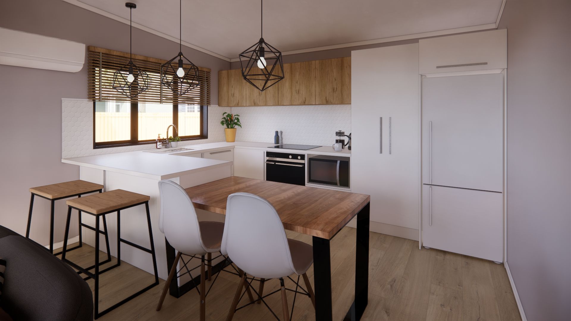An artist 's impression of a kitchen with a table and chairs.