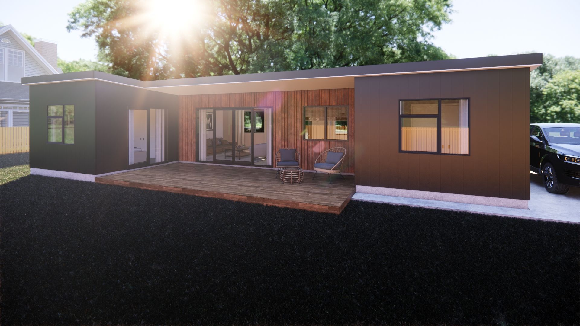 An artist 's impression of a house with a car parked in front of it.