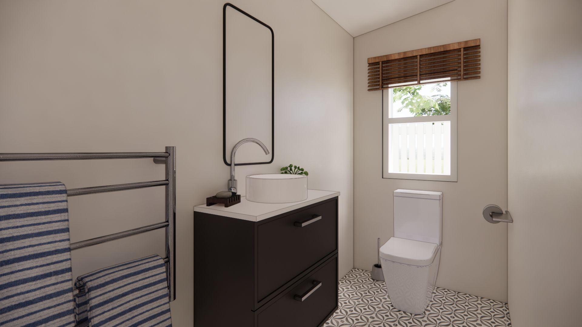 A bathroom with a sink , toilet , mirror and window.