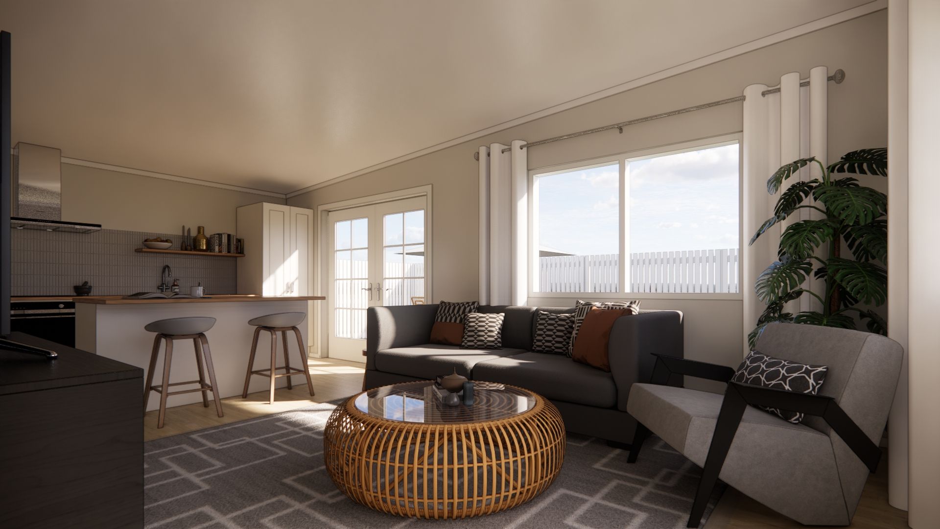 A living room with a couch , chair , coffee table and television.