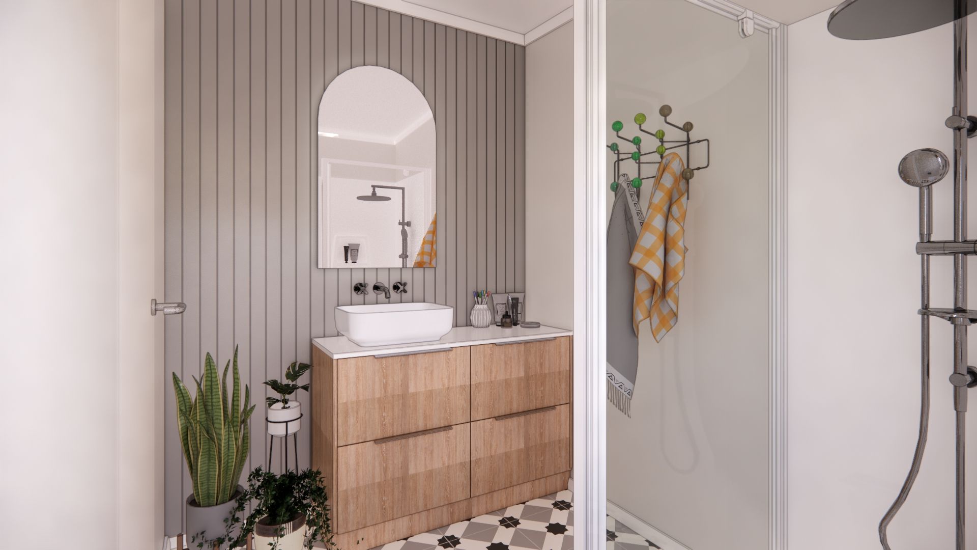 A bathroom with a sink , mirror , and shower.