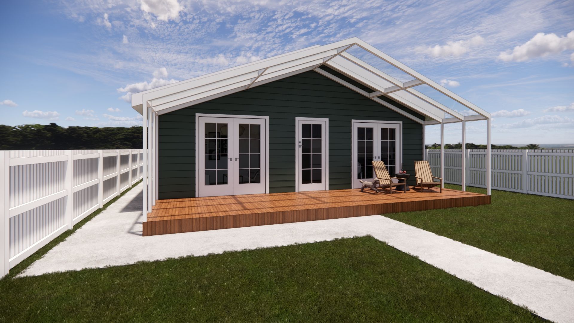 An artist 's impression of a small house with a porch and chairs.