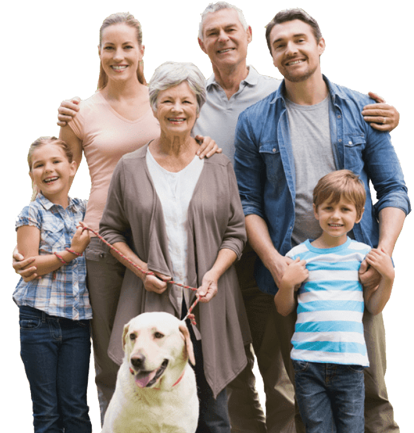 A family posing for a picture with a dog on a leash