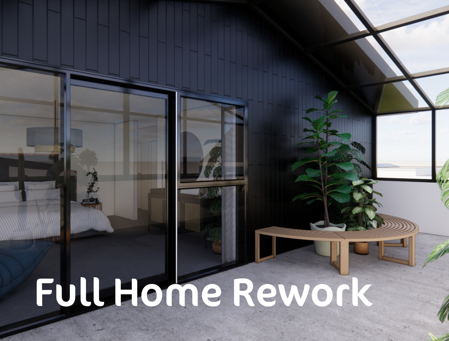 A picture of a bedroom with the words `` full home rework '' written on it.