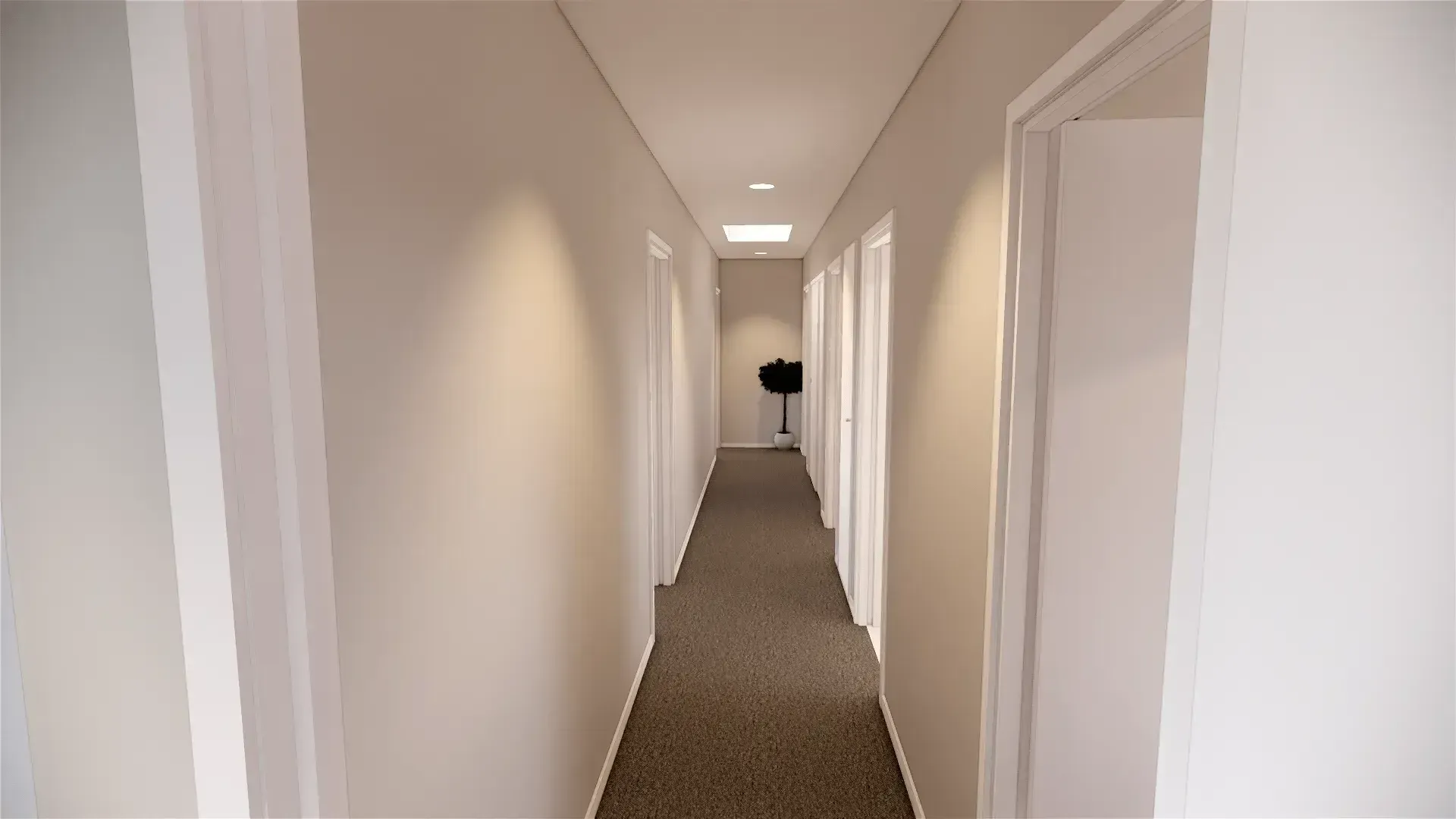 3D design of a long hallway with a carpeted floor and white walls.