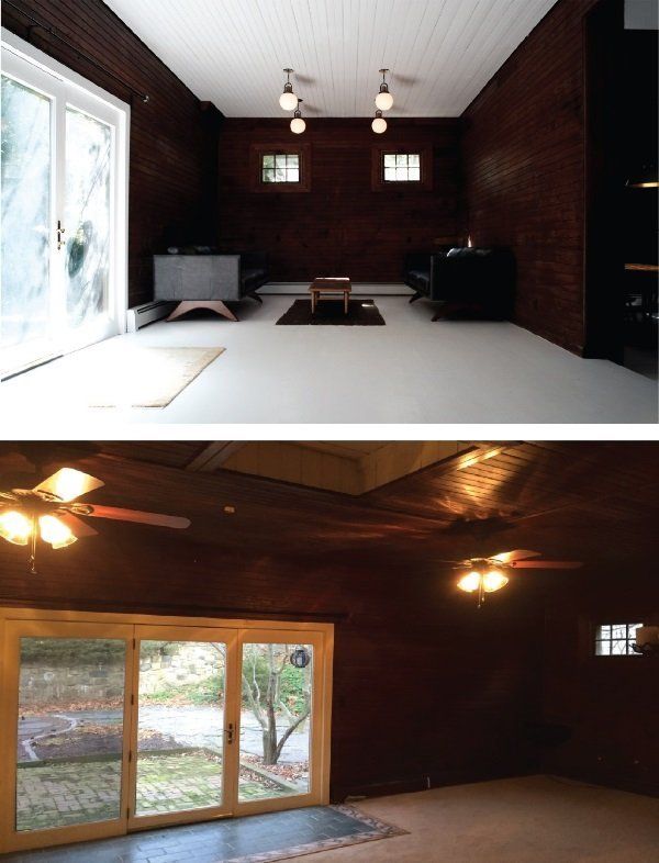 A before and after photo of a room with a ceiling fan