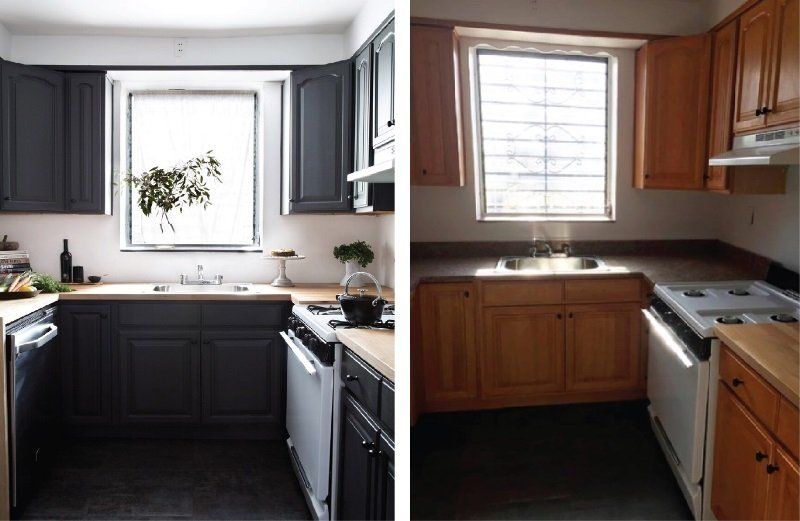 A before and after photo of a kitchen with black cabinets