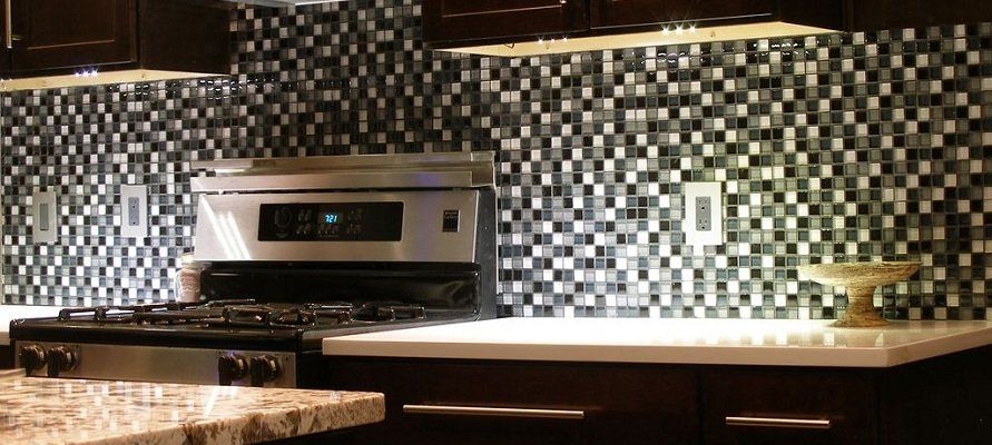 Mosaic tile kitchen splashback