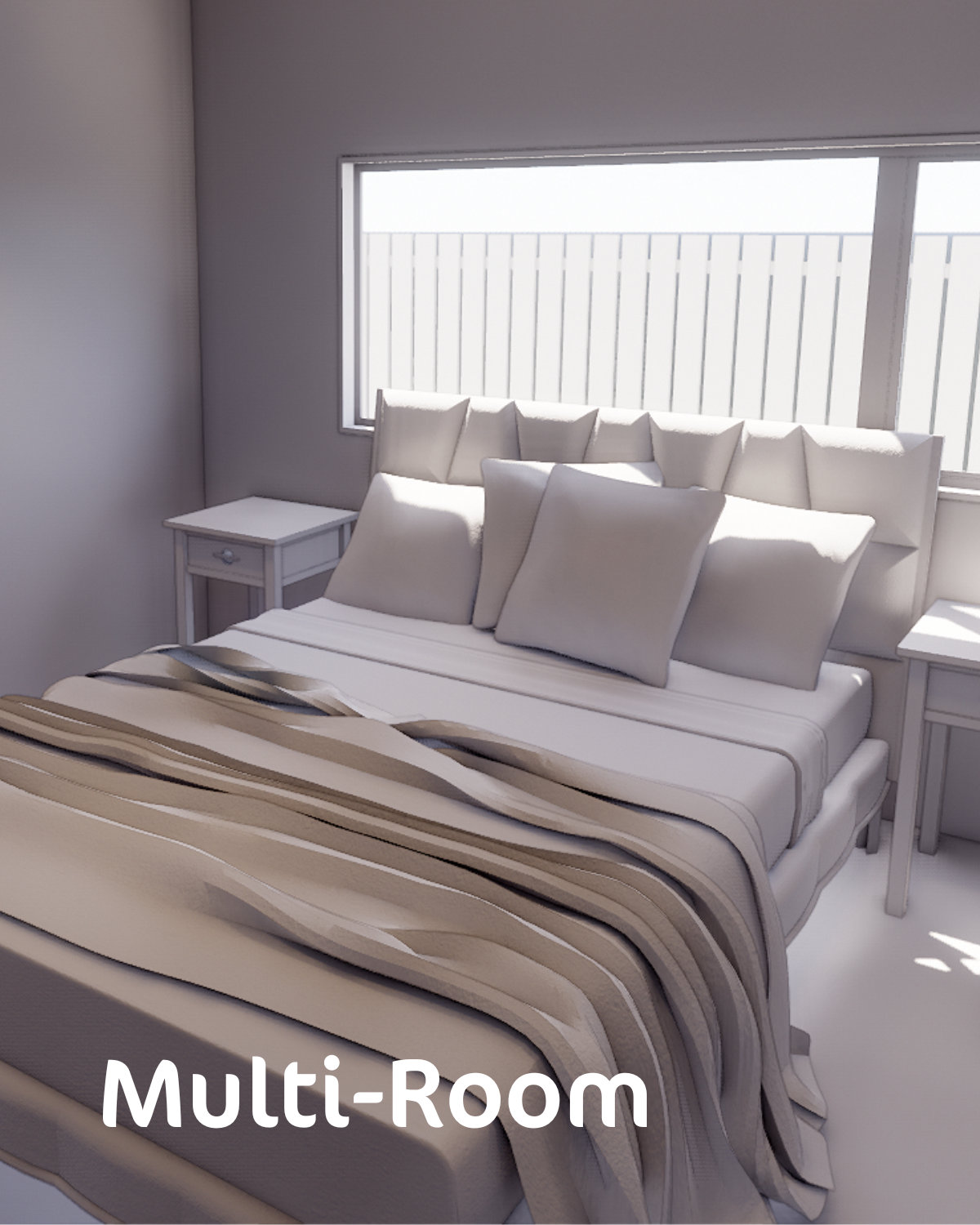 A bedroom with a bed and a window with the words multi-room on the bottom