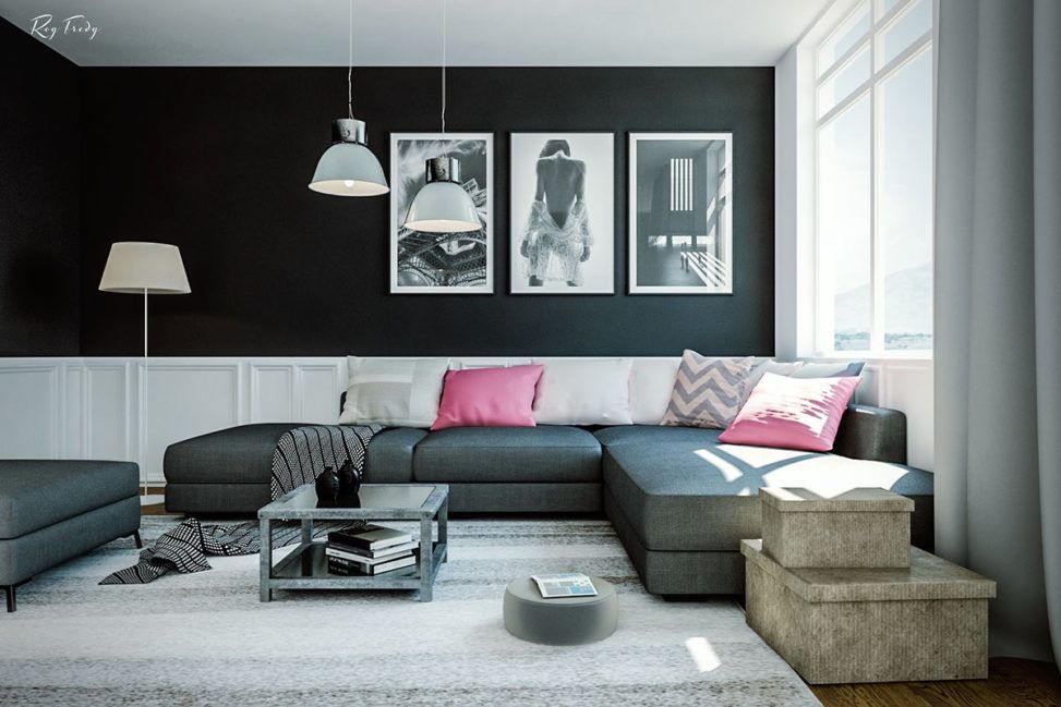 Black, white and pink living room