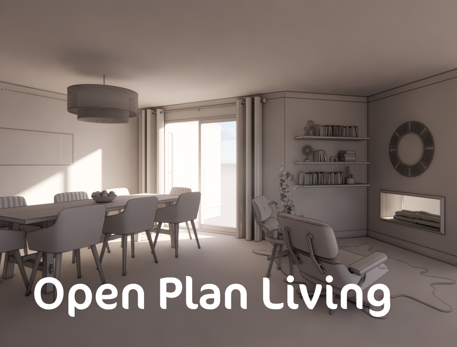 An open plan living room with a dining table and chairs