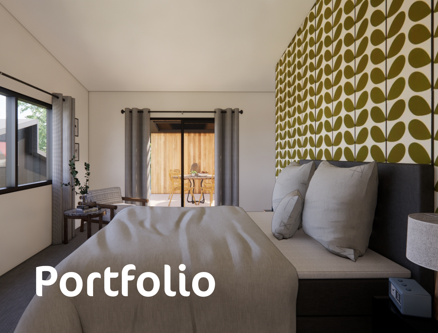 A bedroom with a large bed and a sliding glass door.