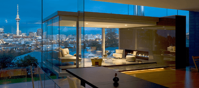 Fireplace in home with Auckland views