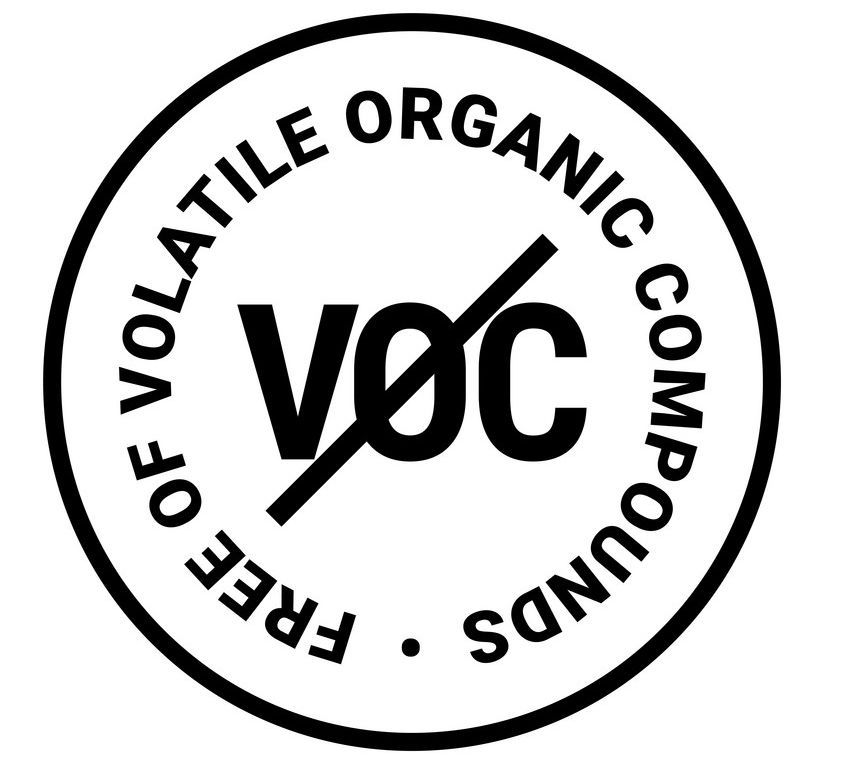 A black and white logo that says free of volatile organic compounds.