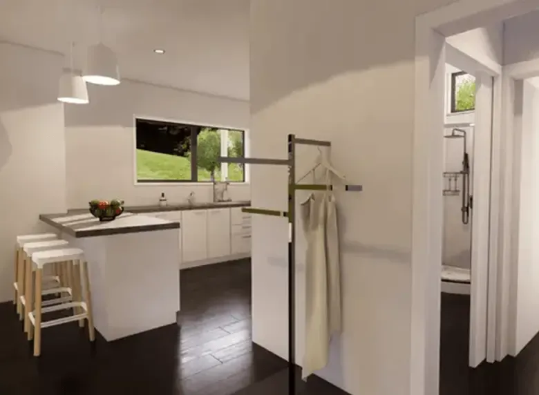 An artist 's impression of a kitchen and bathroom in a house.