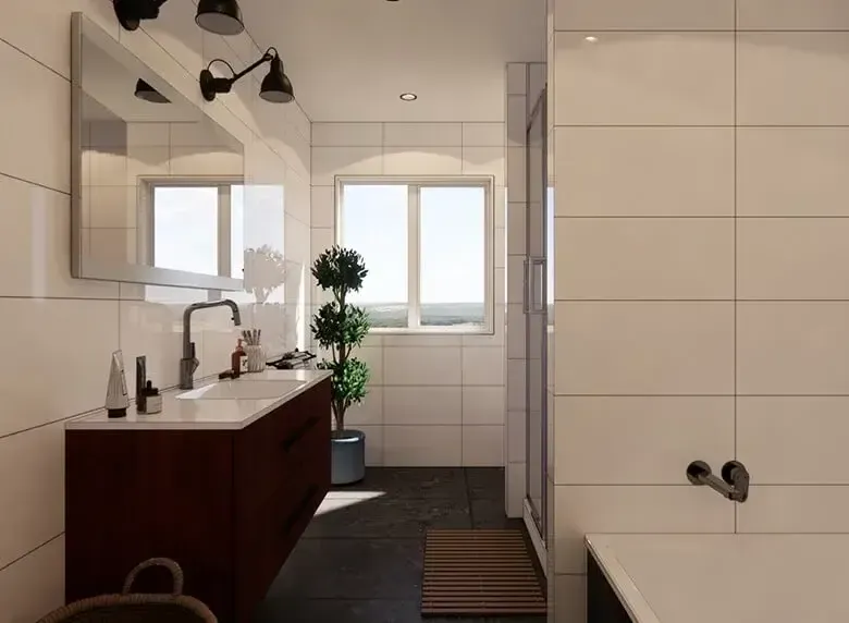 3D design render of a modern renovated bathroom. Wood panel wall and a timber vanity. By Pzazz Building.