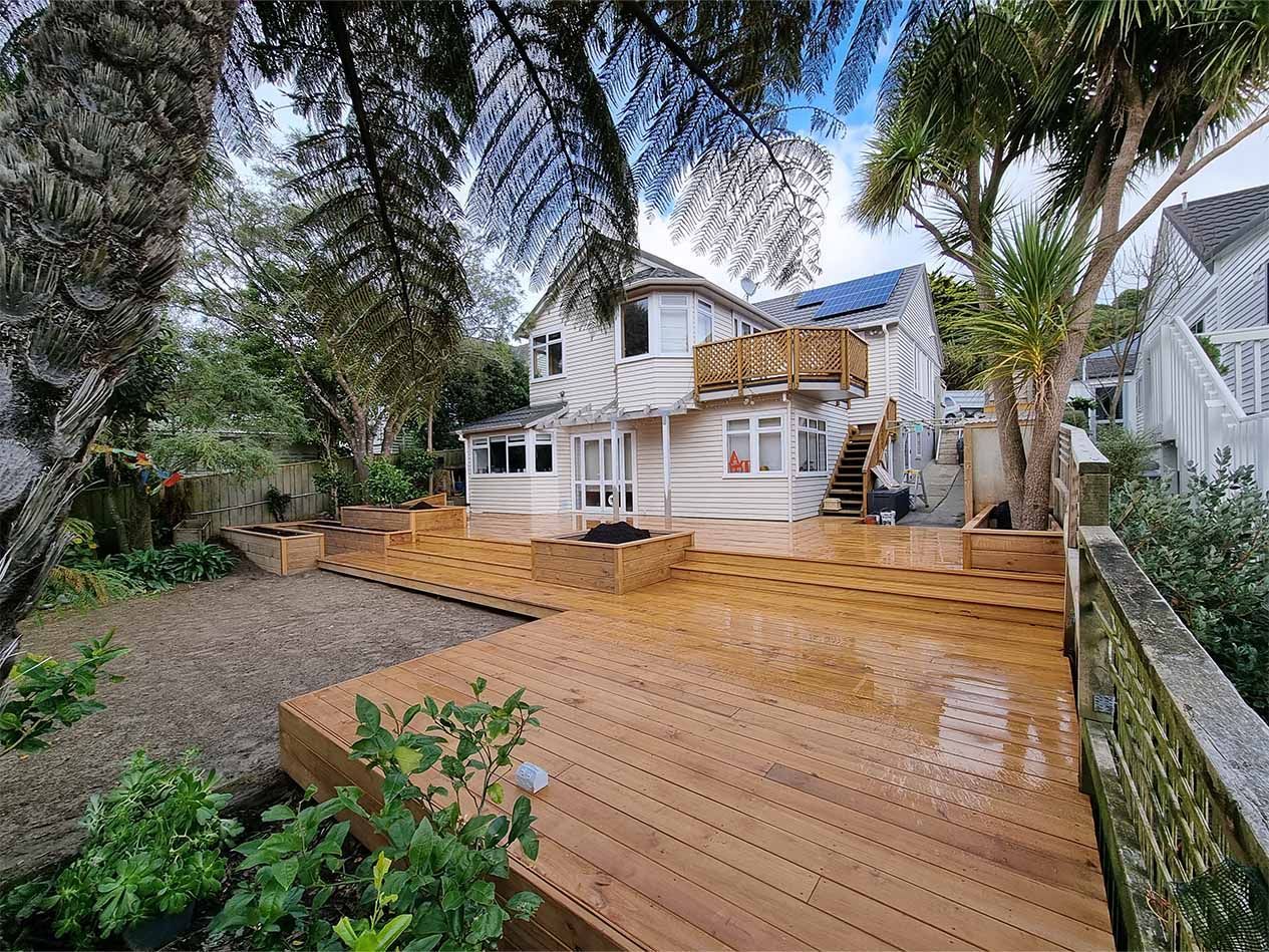large outdoor living area with decking