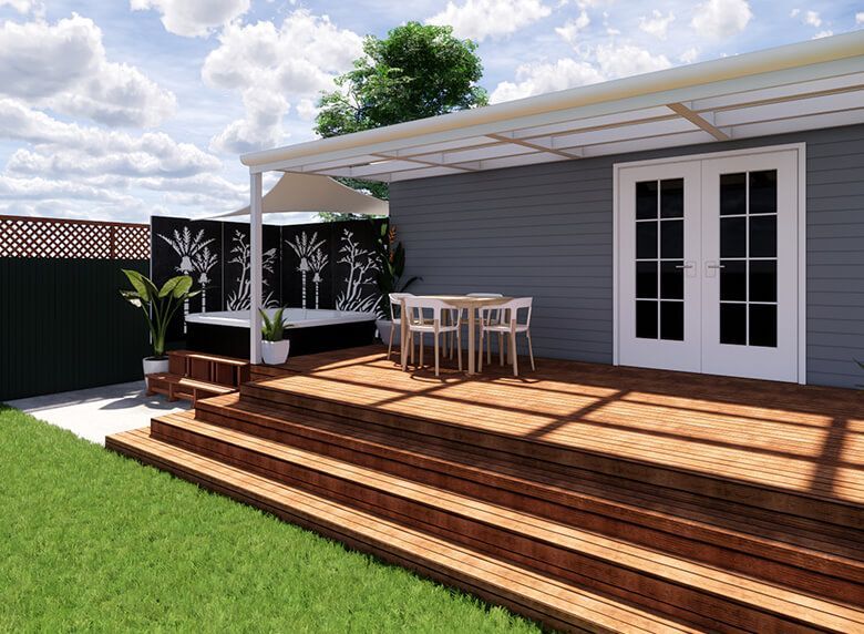 outdoor living area with patterned privacy screen