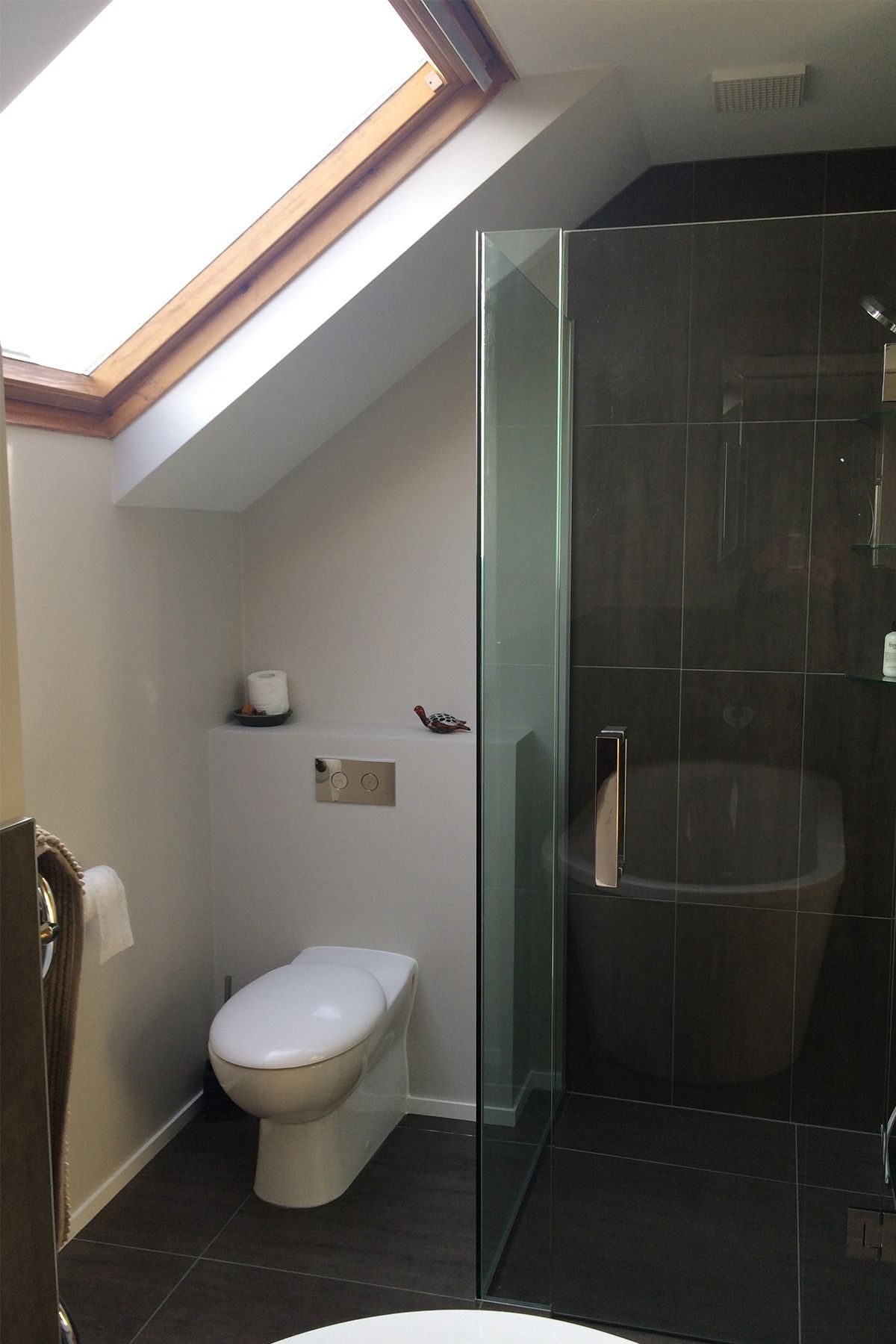 A bathroom with a toilet a tub and a skylight