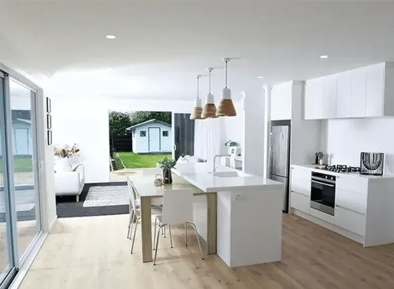 An artist 's impression of a kitchen with white cabinets and wooden floors.