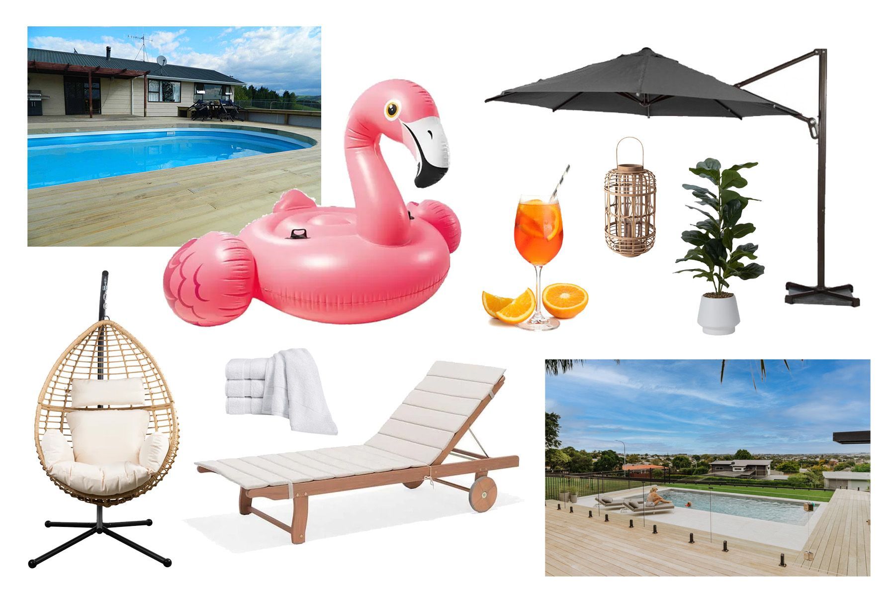 A pink flamingo float is sitting next to a swimming pool.