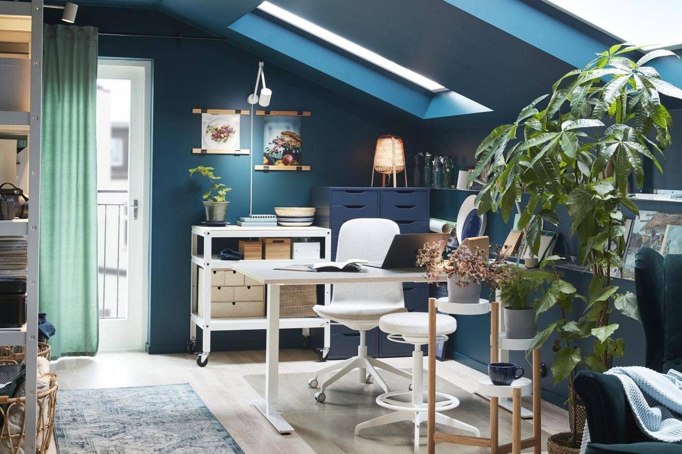 attic home office in turquoise blue